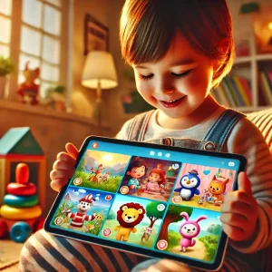DALL·E 2024-10-04 17.02.41 - An educational scene featuring a tablet or mobile device held by a child, showing colorful, engaging animated characters. The child is sitting in a co